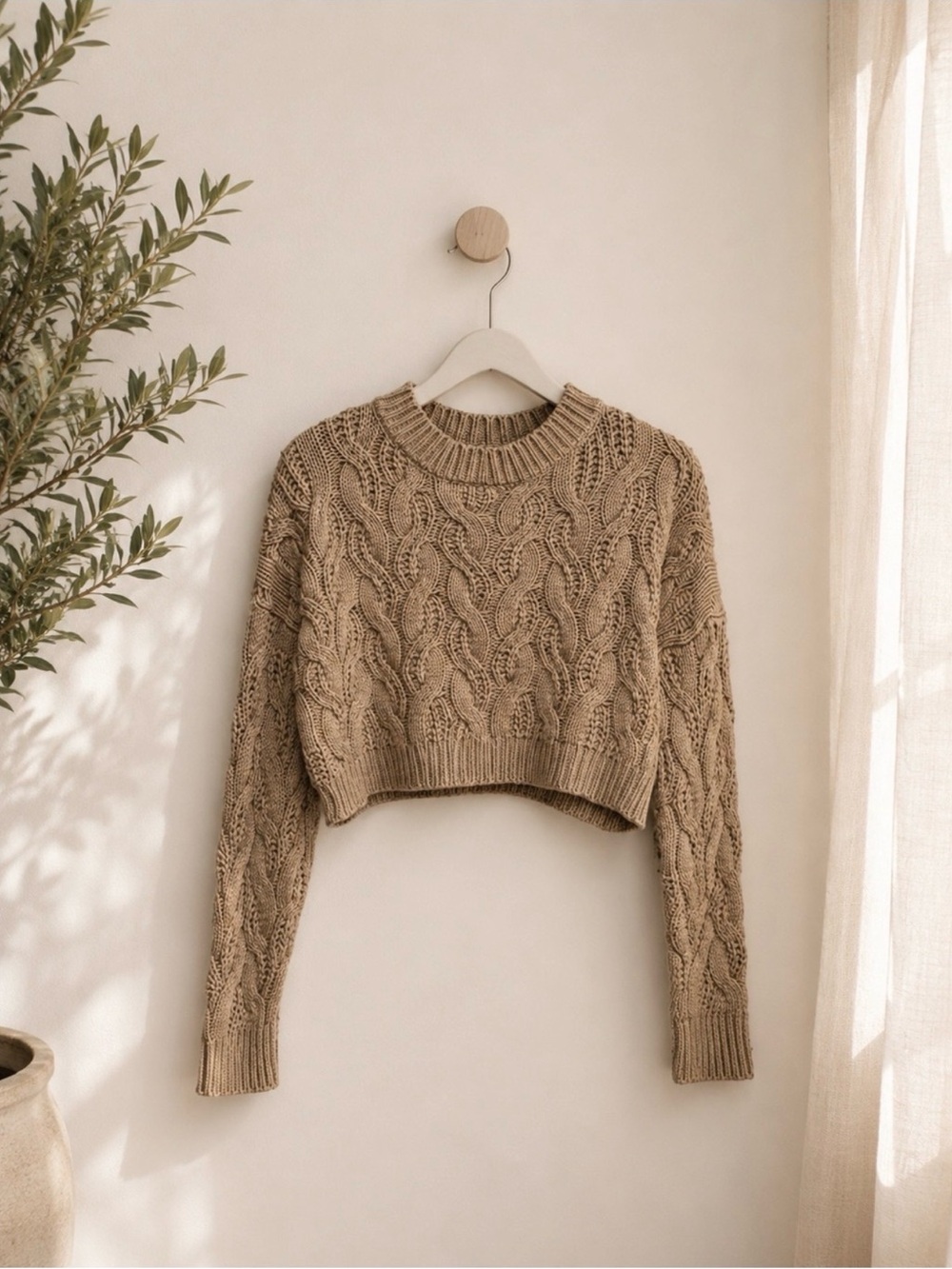 HYFVE Cable-Knit Cropped Crewneck Sweater - Tan